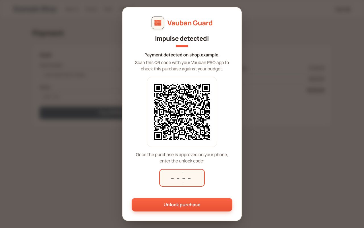 Vauban Guard extension: blurred payment page with the QR code to scan