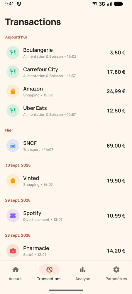 Liste des transactions