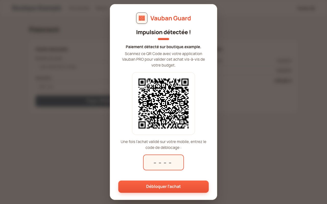Extension Vauban Guard : page de paiement floutée avec le QR code à scanner